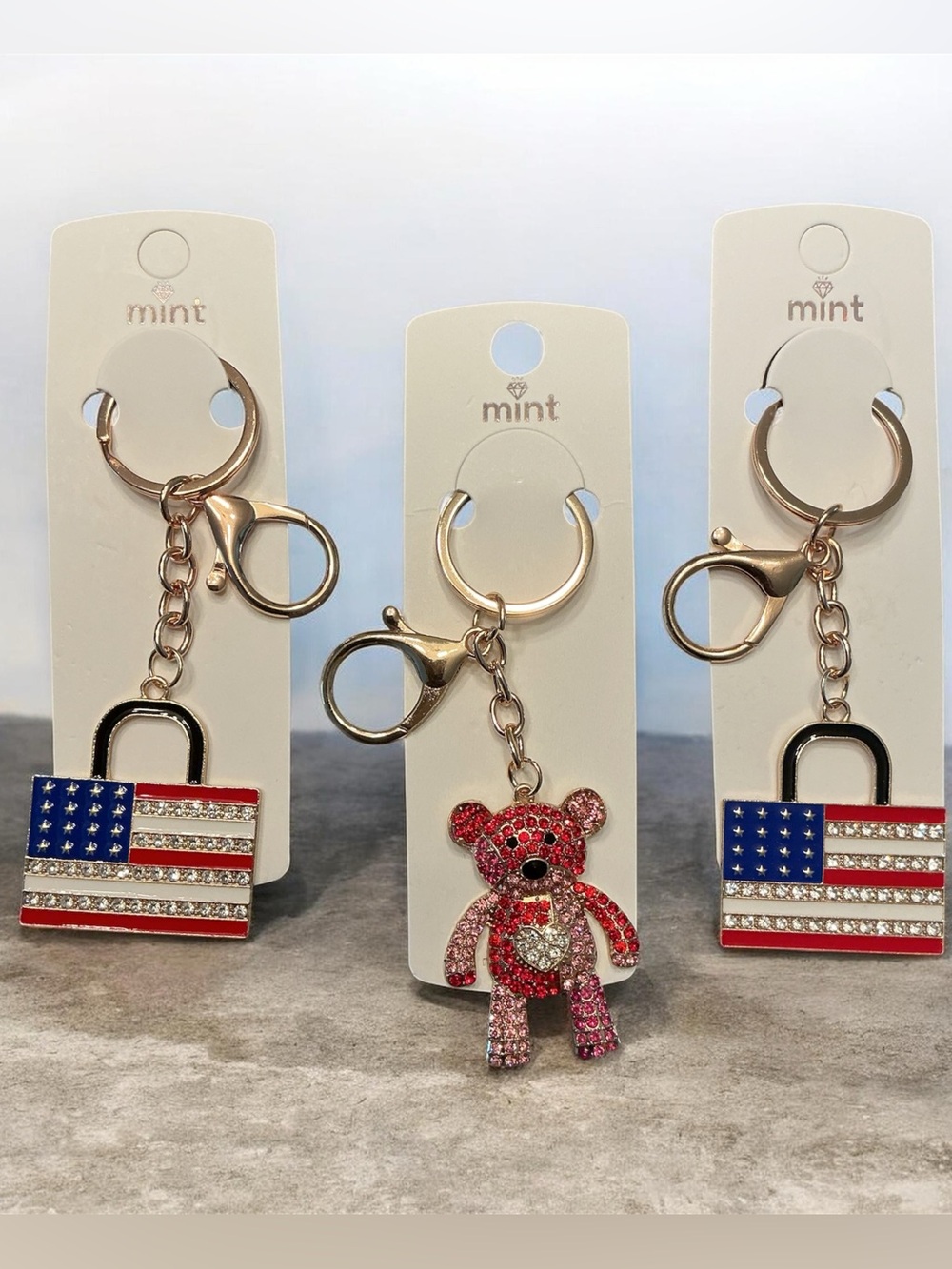 USA Flag Rhinestone Keychain/Bag Charm (2) RWB & Teddy Bear (1) Bundle
NWT